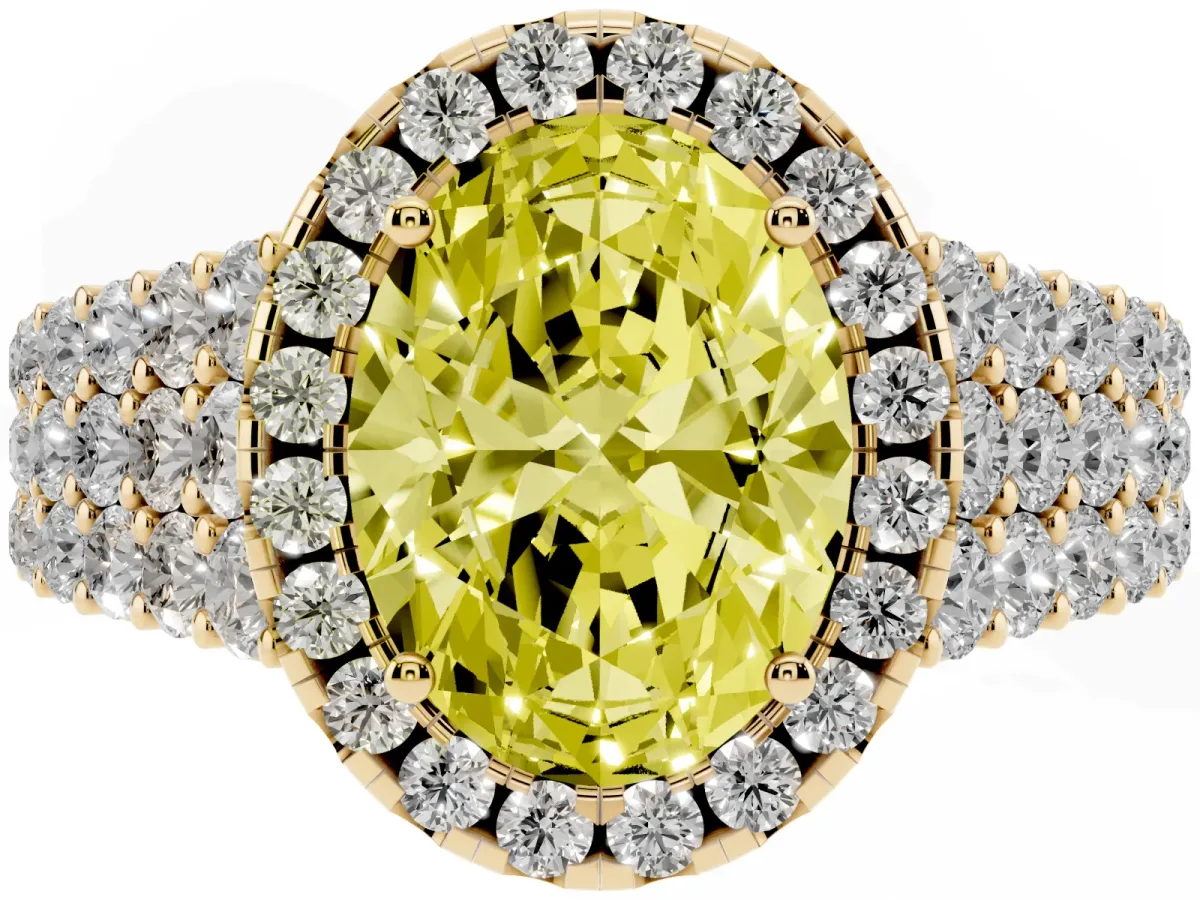 Fancy Yellow Oval Cut Diamond Halo Engagement Ring with Triple Row Round Pavé Band and Prong Setting Yellow gold
