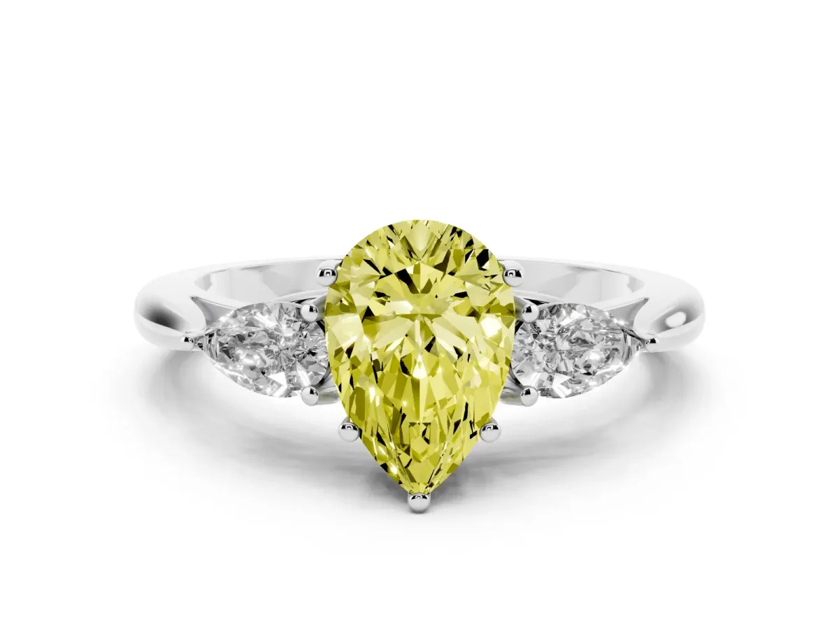 Fancy Yellow Pear Cut Diamond Three-Stone Ring with Pear Side Stones and Prong Setting Silver