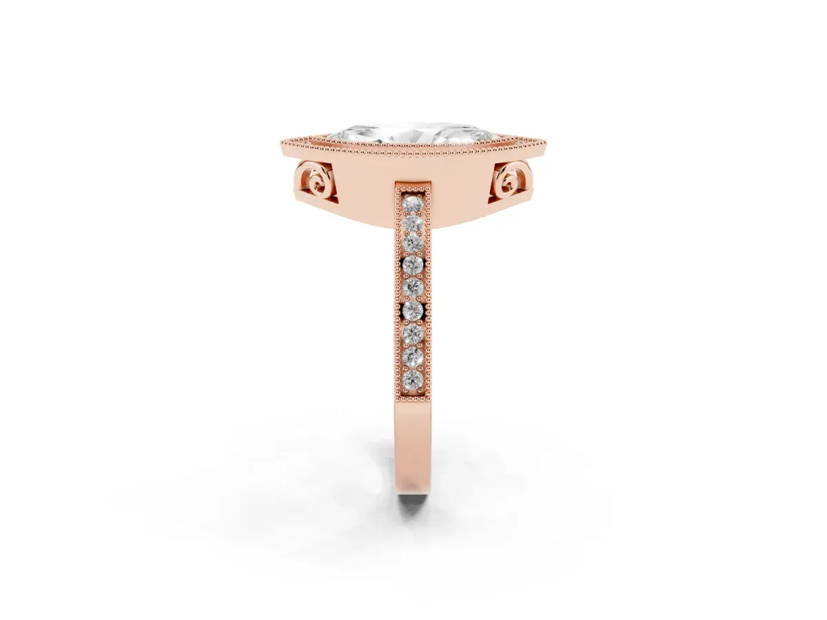 Marquise Cut Cut Halo Diamond Ring with Pavé Band and Milgrain Prong Setting Rose gold