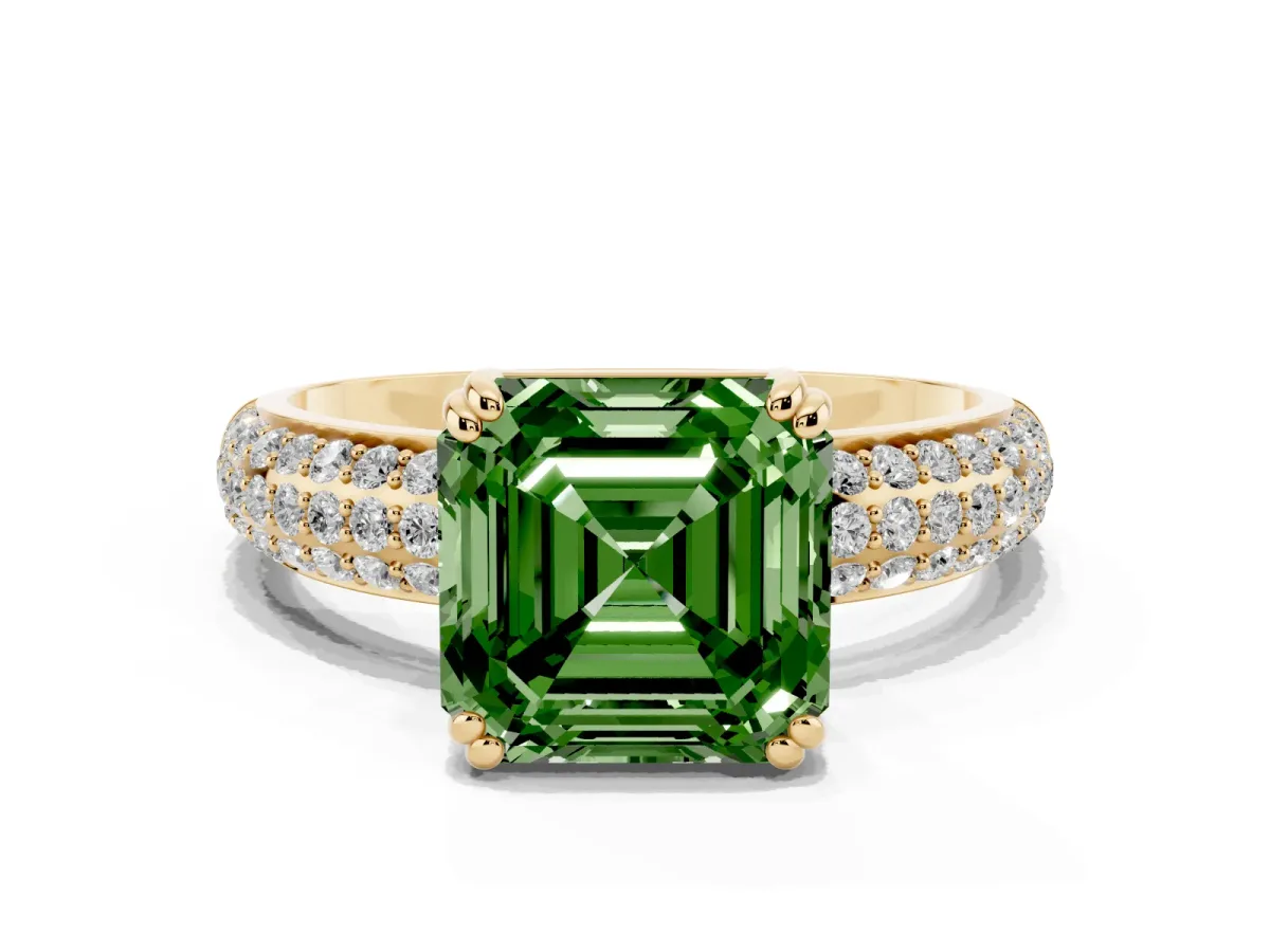 Fancy Green Asscher Cut Diamond Solitaire Ring with Multi-Row Round Pavé Band and Prong Setting Yellow gold