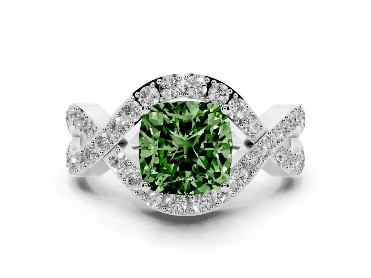 Fancy Green Cushion Cut Solitaire Twist Band Pavé Diamond Engagement Ring Silver