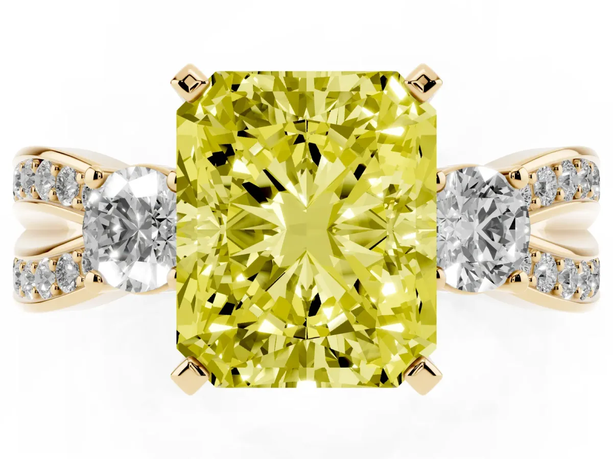 Fancy Yellow Three-Stone Radiant Cut Cut Diamond Twist Band with Prong Setting Yellow gold