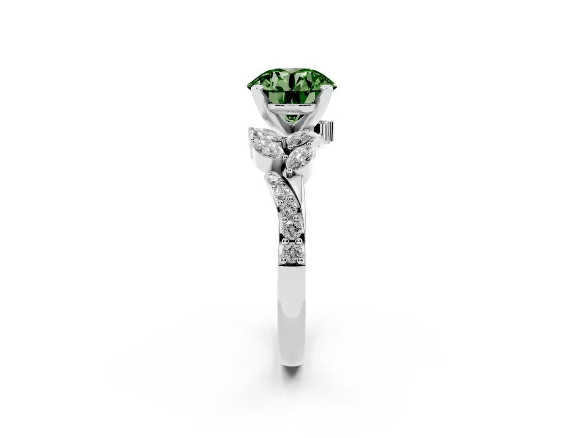 Fancy Green Round Cut Solitaire Marquise Twist Band with Six-Prong Setting Silver