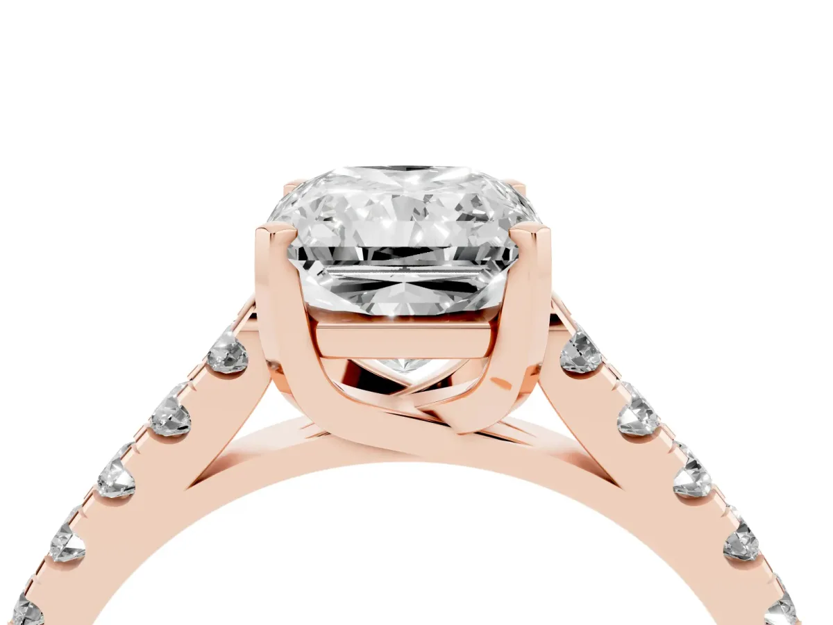 Radiant Cut Diamond Pavé Band Solitaire Ring with Prong Setting Rose gold