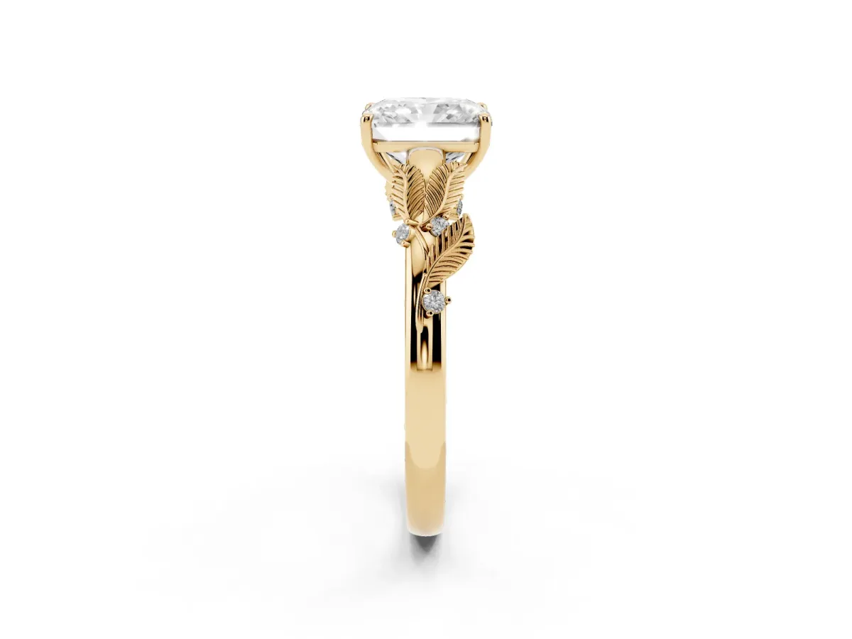 Radiant Cut Diamond Solitaire Ring with Leaf Motif Band and Four-Prong Setting Yellow gold