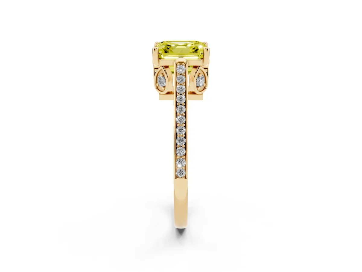 Fancy Yellow Asscher Cut Cut Cathedral Pave Diamond Engagement Ring with Six-Prong Setting Yellow gold
