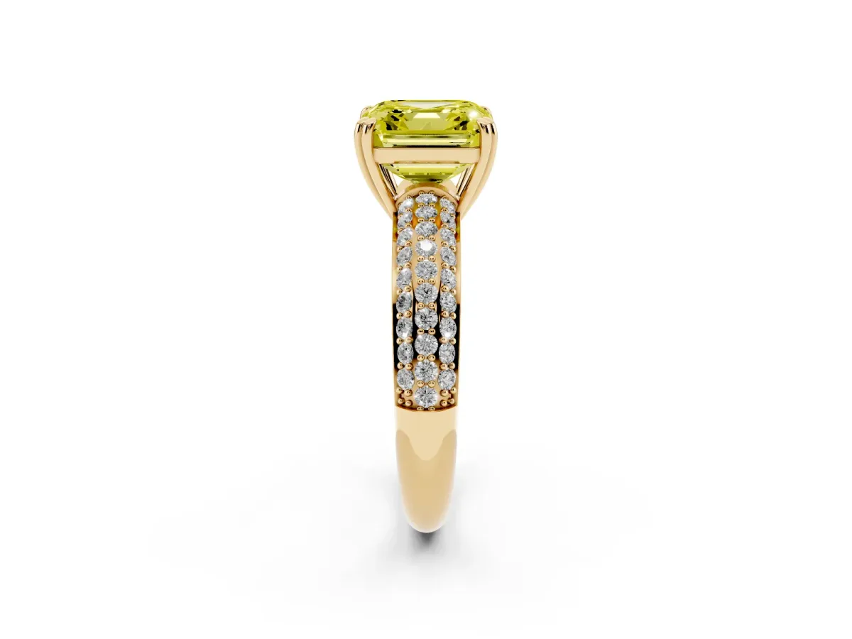 Fancy Yellow Asscher Cut Diamond Solitaire Ring with Multi-Row Round Pavé Band and Prong Setting Yellow gold