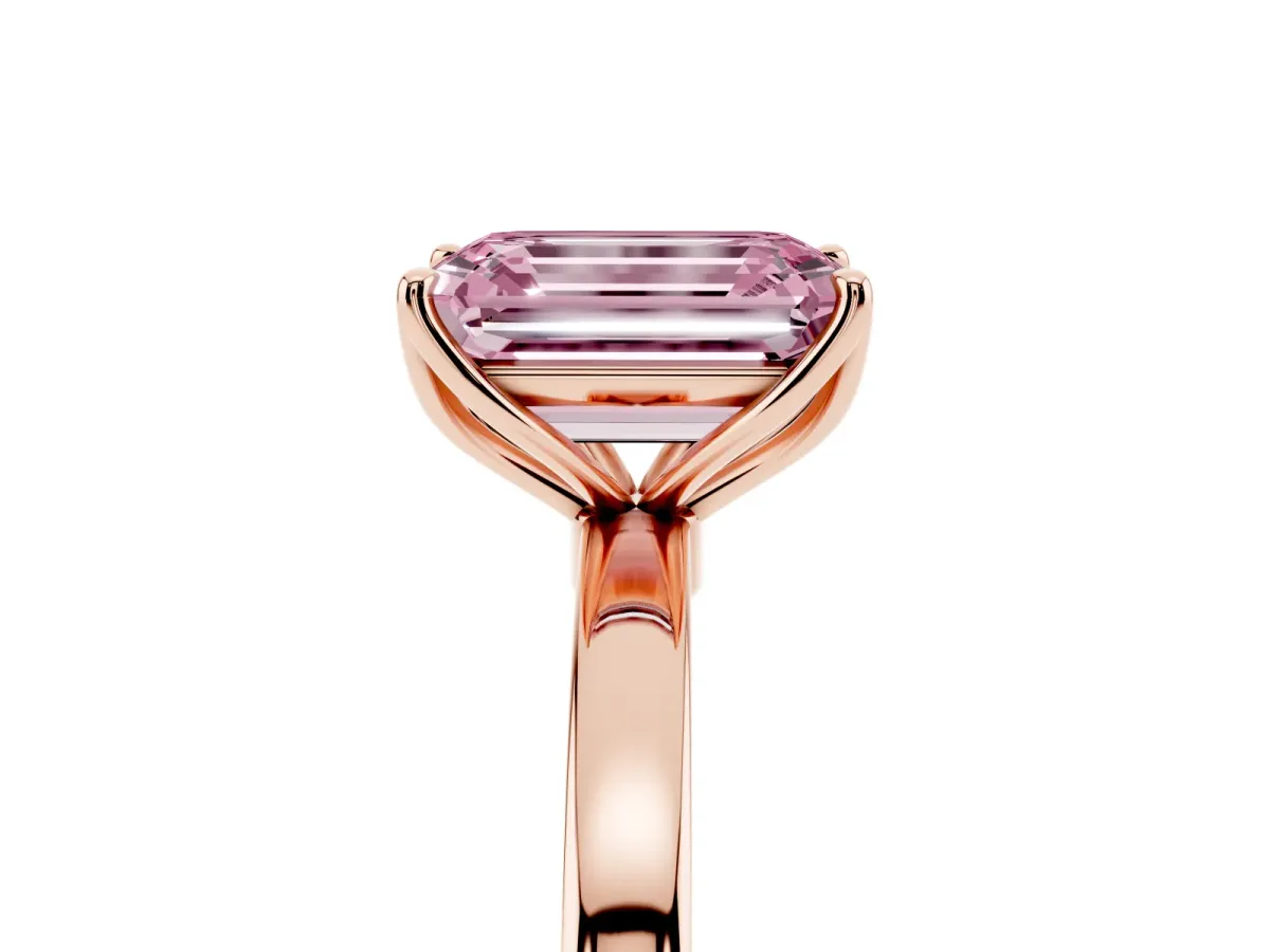 Fancy Pink Emerald Cut Diamond Solitaire Ring with Thin Band and Prong Setting Rose gold