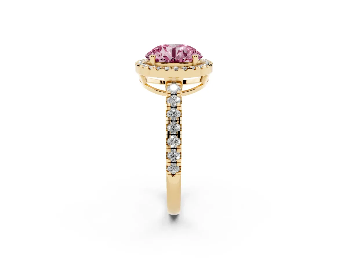 Fancy Pink Round Cut Diamond Halo Ring with Pavé Band and Four-Prong Setting Yellow gold