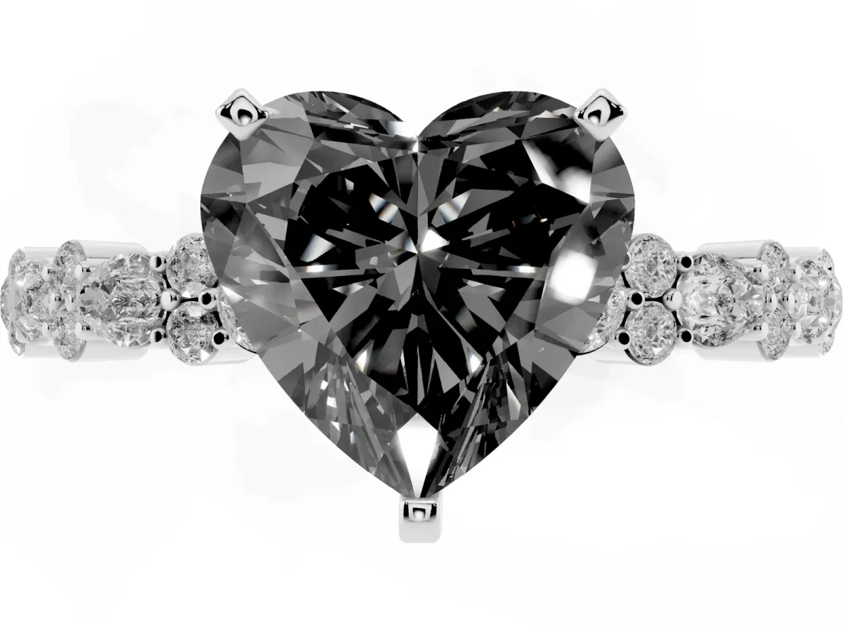 Fancy Black Heart Cut Diamond Side Stone Solitaire Ring with Round and Four-Prong Setting Platinum