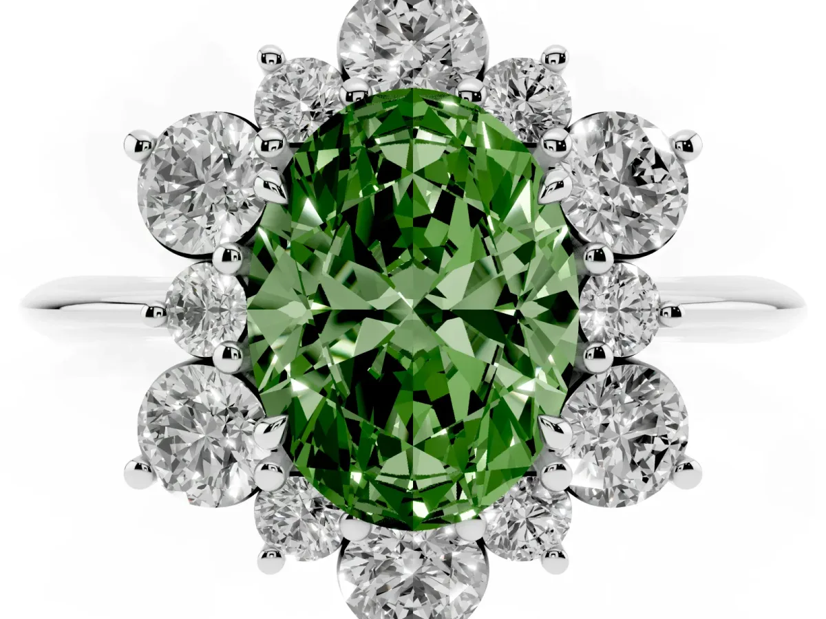 Fancy Green Oval Cut Diamond Cluster Halo Ring with Solitaire Band and Four-Prong Setting Silver