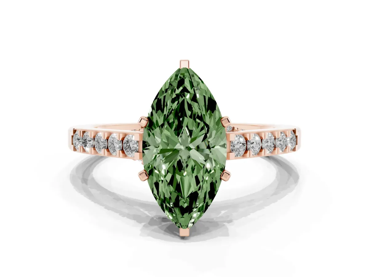 Fancy Green Marquise Cut Diamond Solitaire Ring with Crossover Gallery and Round Pavé Band Rose gold