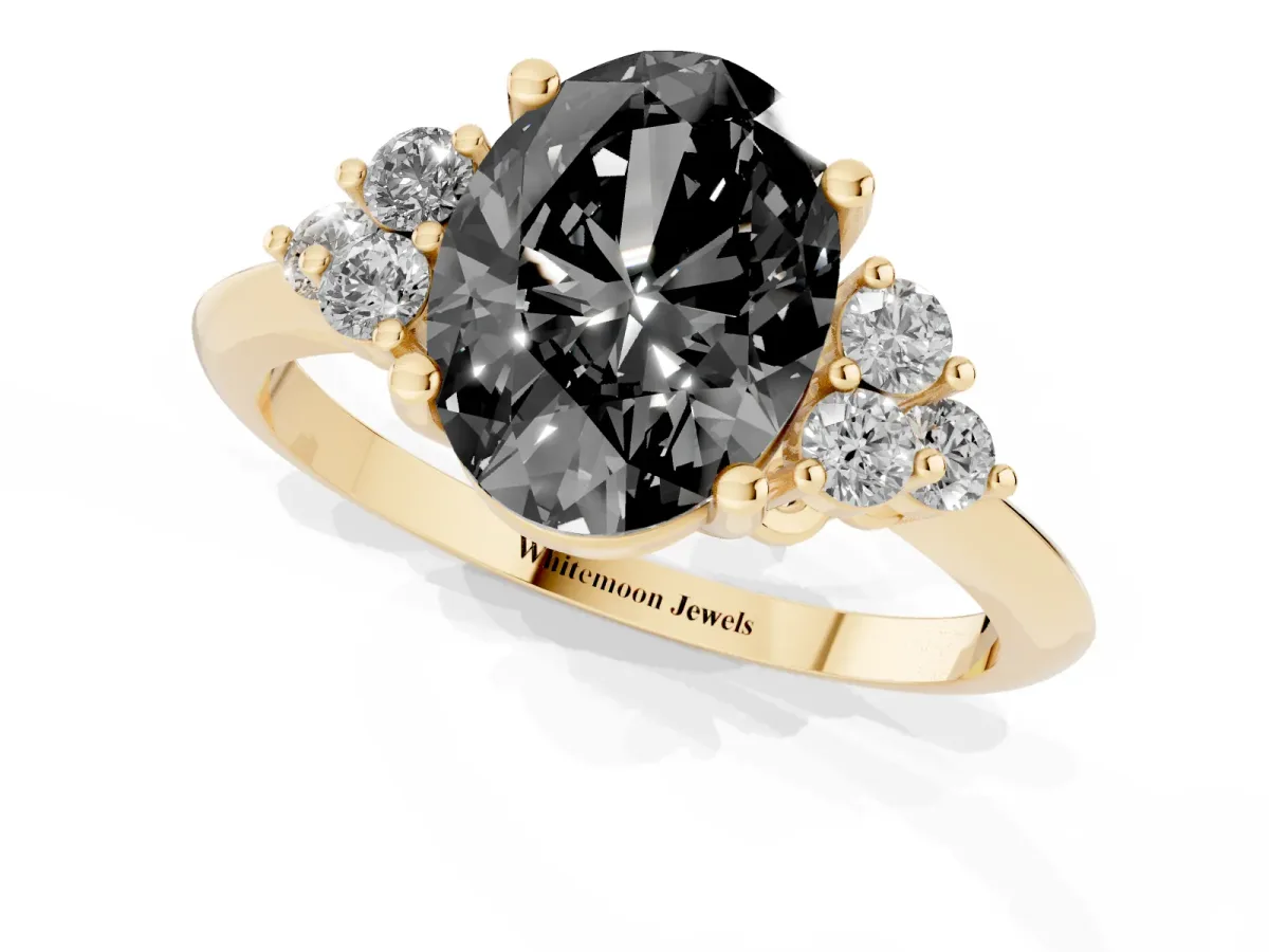 Fancy Black Oval Cut Cut Diamond Cluster Ring with Solitaire Band and Four-Prong Setting Yellow gold