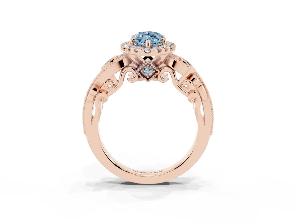 Fancy Blue Marquise Cut Diamond Halo Ring with Milgrain Pavé Band and Four-Prong Setting Rose gold