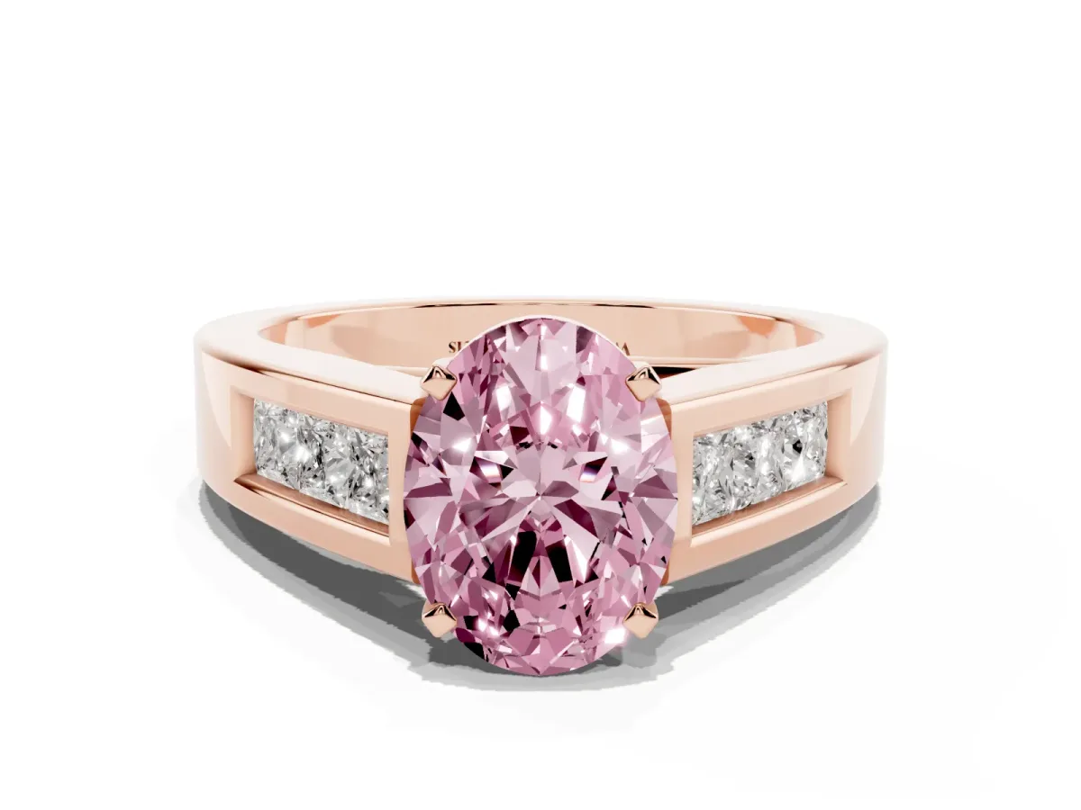 Fancy Pink Oval Cut Cut Channel Set Solitaire Ring with Four-Prong Setting Rose gold