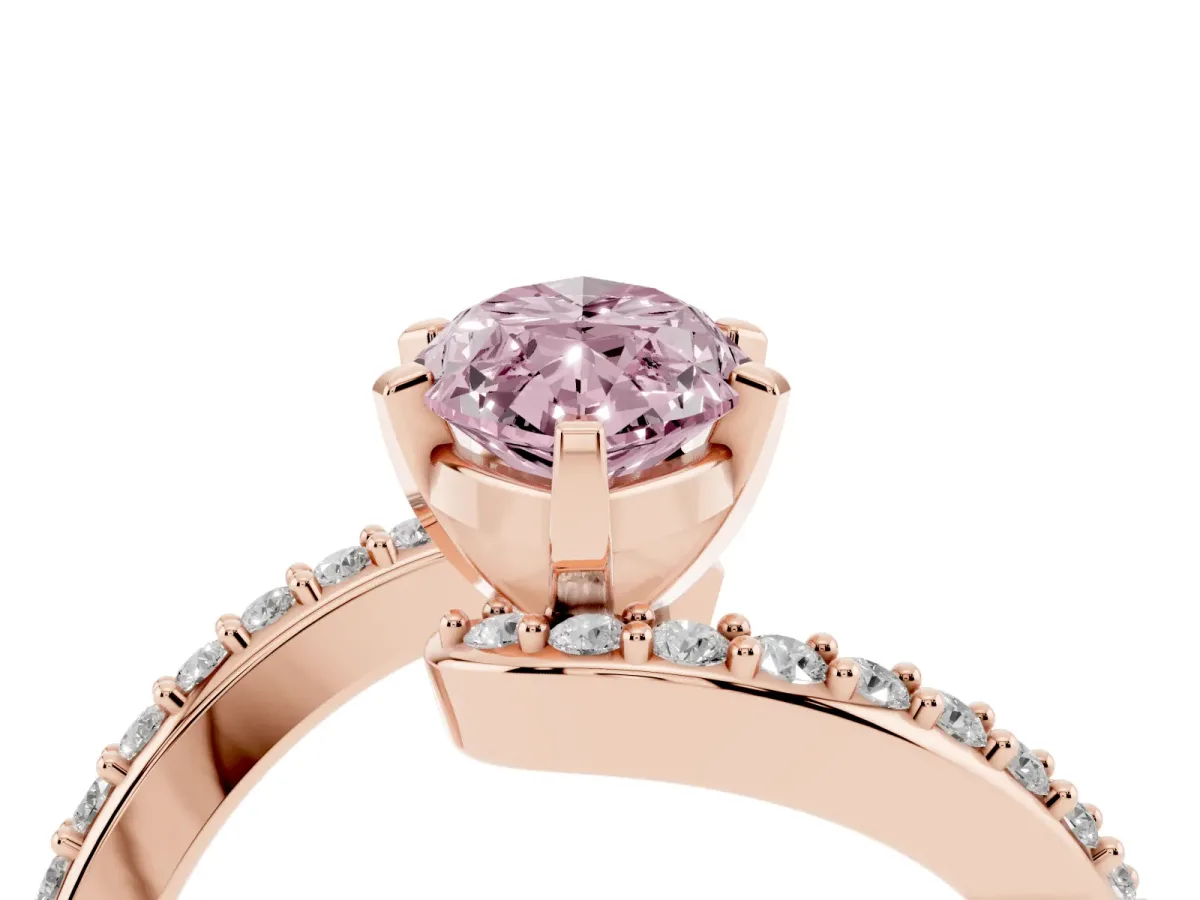 Fancy Pink Marquise Cut Solitaire Twist Band with Pave Set Diamonds and Four-Prong Setting Rose gold