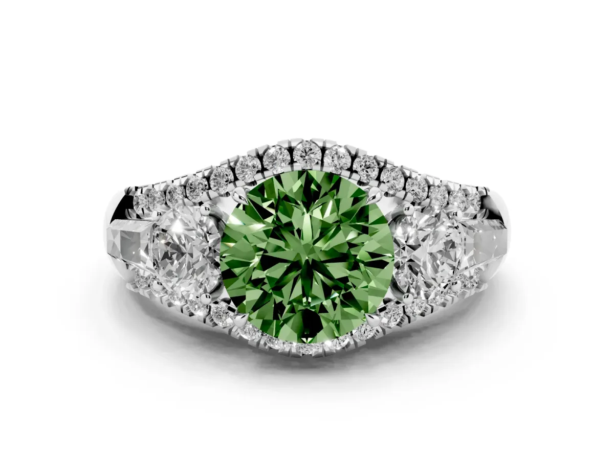 Fancy Green Three-Stone Round Cut Diamond Engagement Ring with Pave Band and Prong Setting Silver