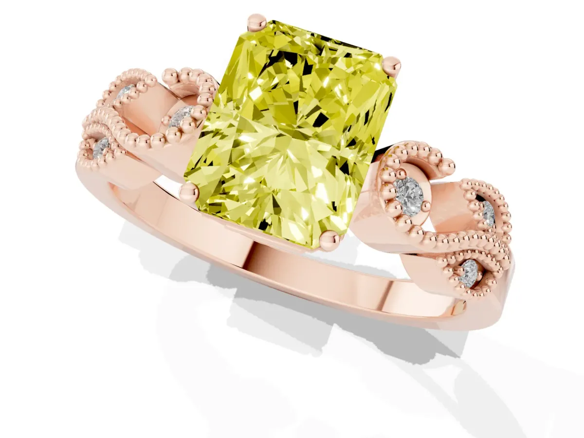 Fancy Yellow Radiant Cut Solitaire Milgrain Leaf Band with Prong Setting Rose gold