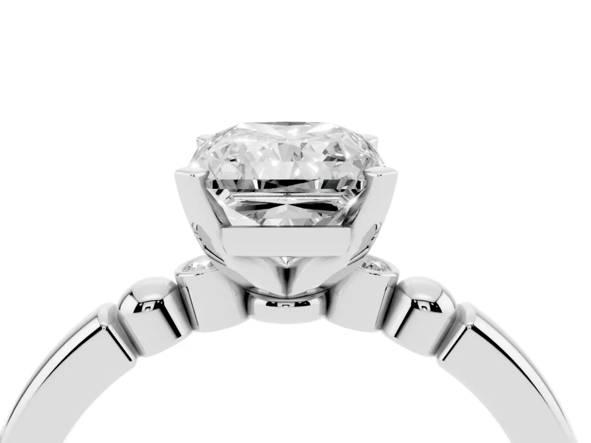 Radiant Cut Solitaire Beaded Band with Four-Prong Setting Silver