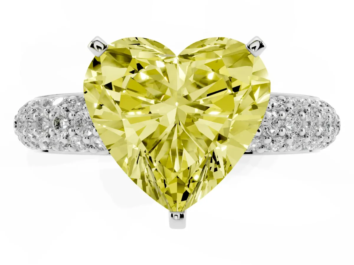 Fancy Yellow Heart Cut Diamond Solitaire Ring with Prong Setting and Pavé Band Silver