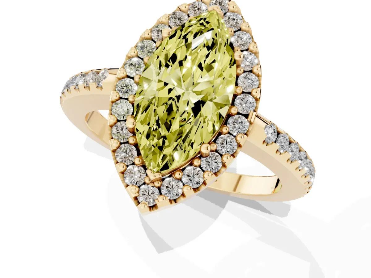 Fancy Yellow Marquise Cut Diamond Pavé Halo Ring with Four-Prong Setting Yellow gold