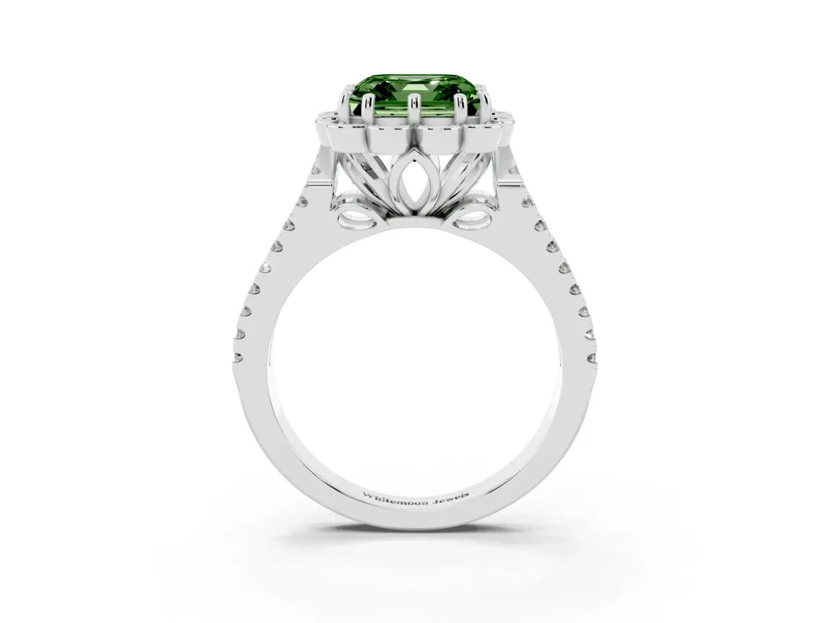 Fancy Green Asscher Cut Halo Diamond Floral Split Shank Engagement Ring Silver