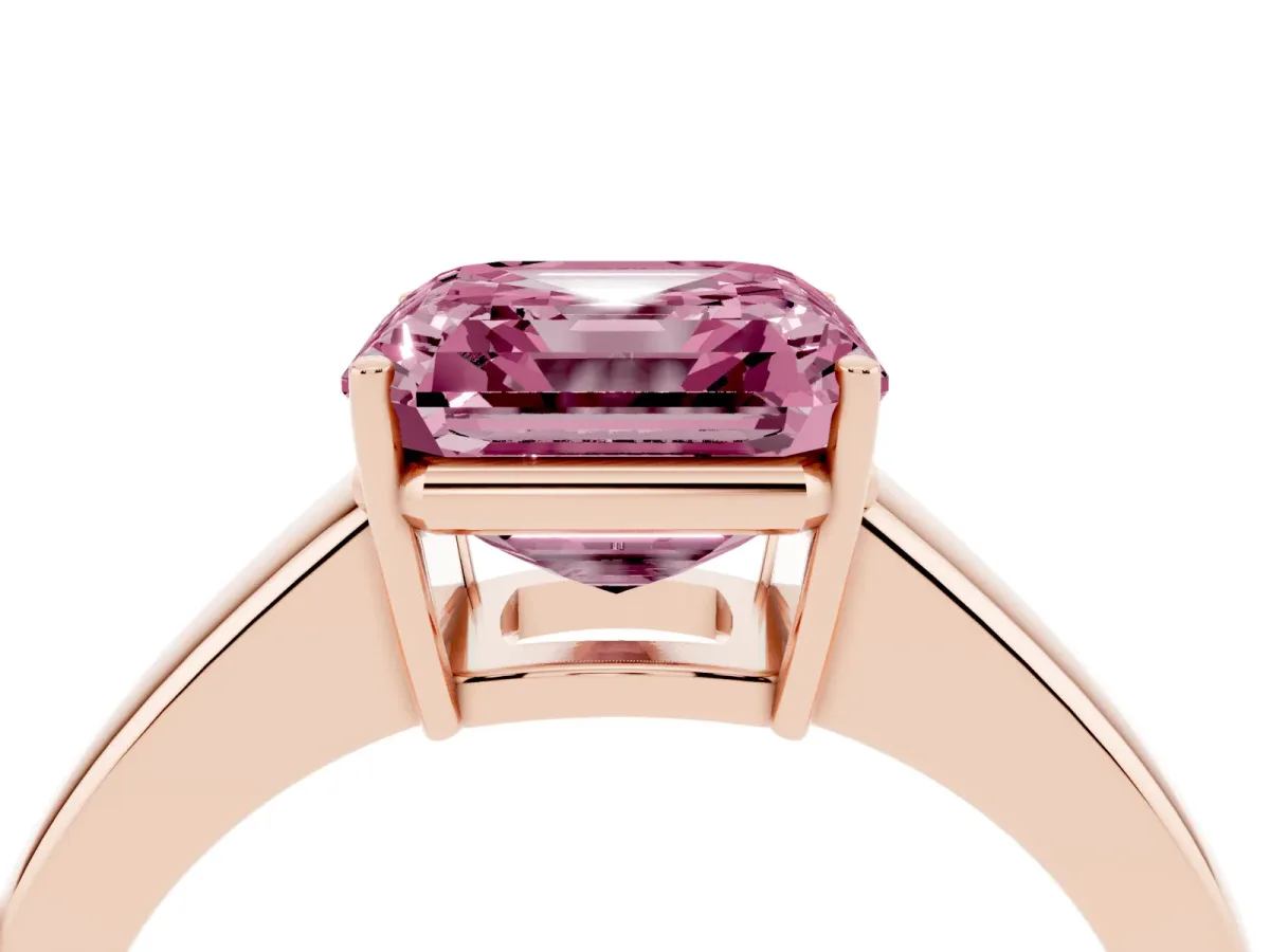 Fancy Pink Asscher Cut Solitaire Diamond Ring with Tapered Band and Four-Prong Setting Rose gold