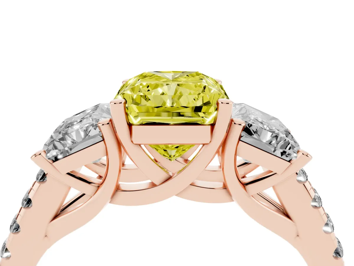 Fancy Yellow Three-Stone Radiant Cut Diamond Ring with Round Pavé Band and Prong Setting Rose gold
