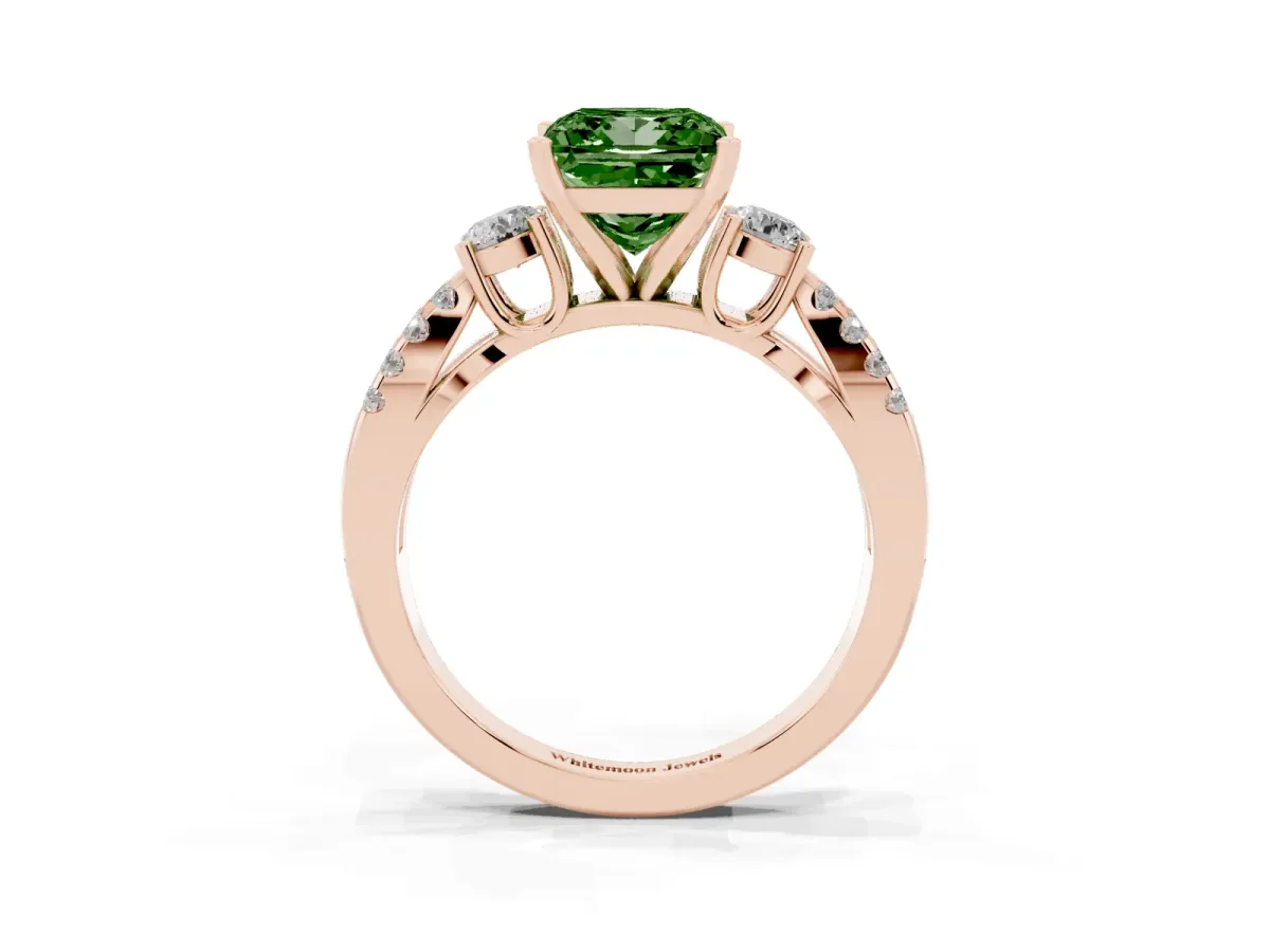 Fancy Green Princess Cut Diamond Three-Stone Ring with Pavé Split Shank and Four-Prong Setting Rose gold