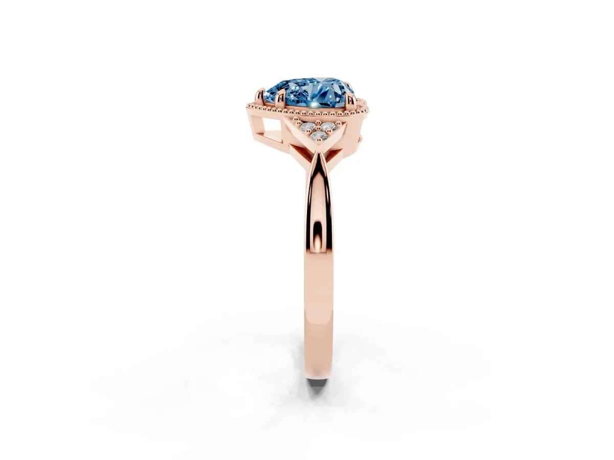 Fancy Blue Milgrain Heart Cut Cut Diamond Ring with Tapered Pave Band and Four Prong Setting Rose gold