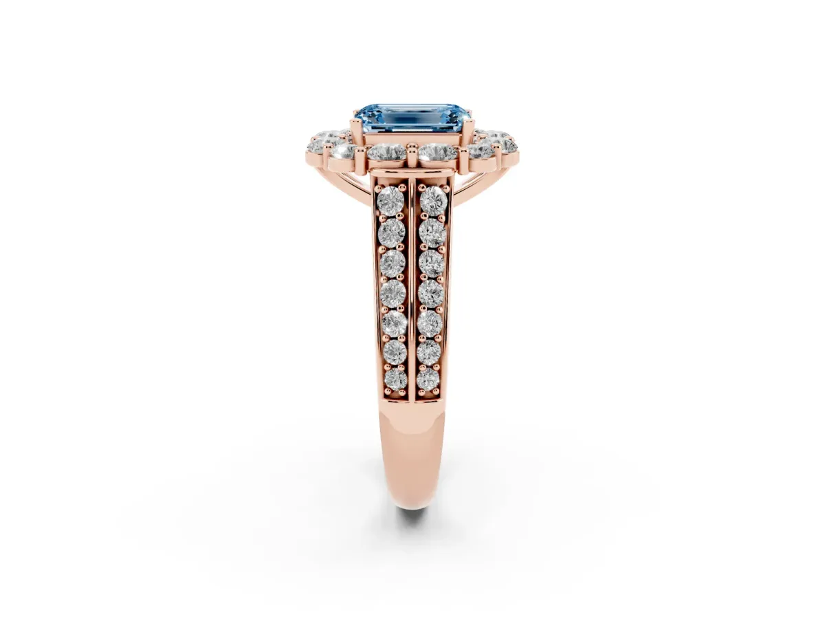 Fancy Blue Emerald Cut Halo Diamond Engagement Ring with Split Shank and Prong Setting Rose gold