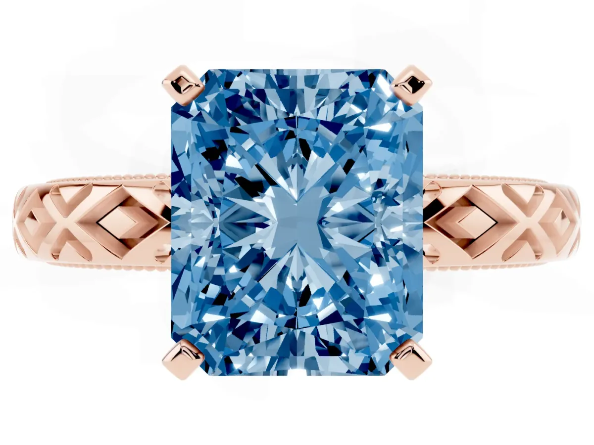 Fancy Blue Radiant Cut Solitaire Diamond Ring with Milgrain and Black Enamel X Pattern Band Rose gold