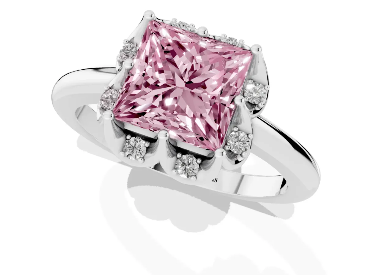 Fancy Pink Princess Cut Halo Diamond Ring with Round Cluster Setting, Solitaire Band, and Four-Prong Setting Platinum