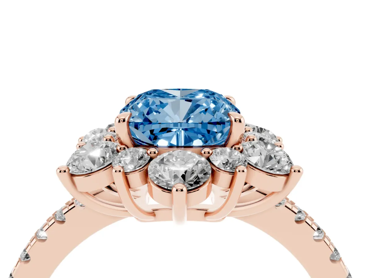 Fancy Blue Cushion Cut Diamond Floral Halo Ring with Round Pavé Band and Prong Setting Rose gold