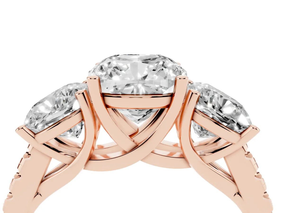 Three-Stone Cushion Cut Diamond Ring with Round Pavé Band and Prong Setting Rose gold