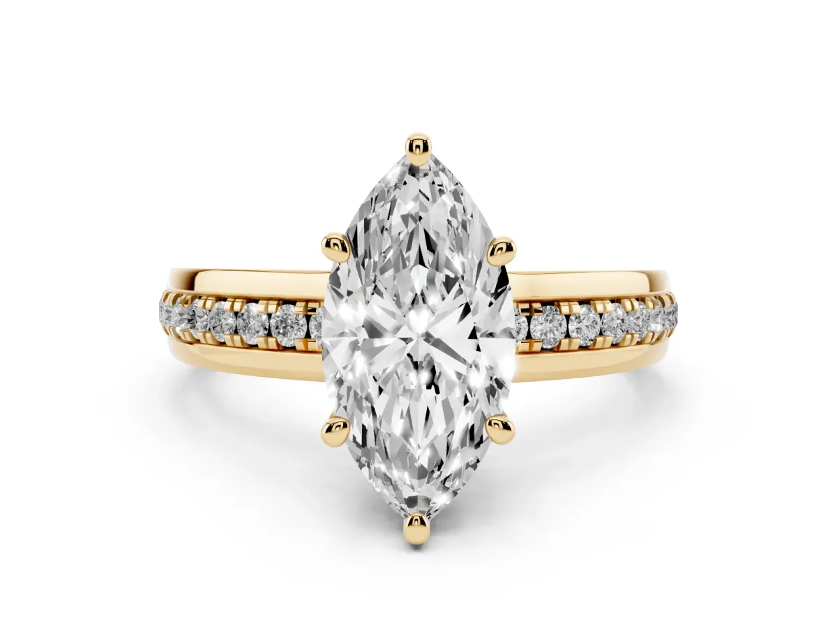 Marquise Cut Solitaire Diamond Ring with Channel Set Band and Six-Prong Setting Yellow gold