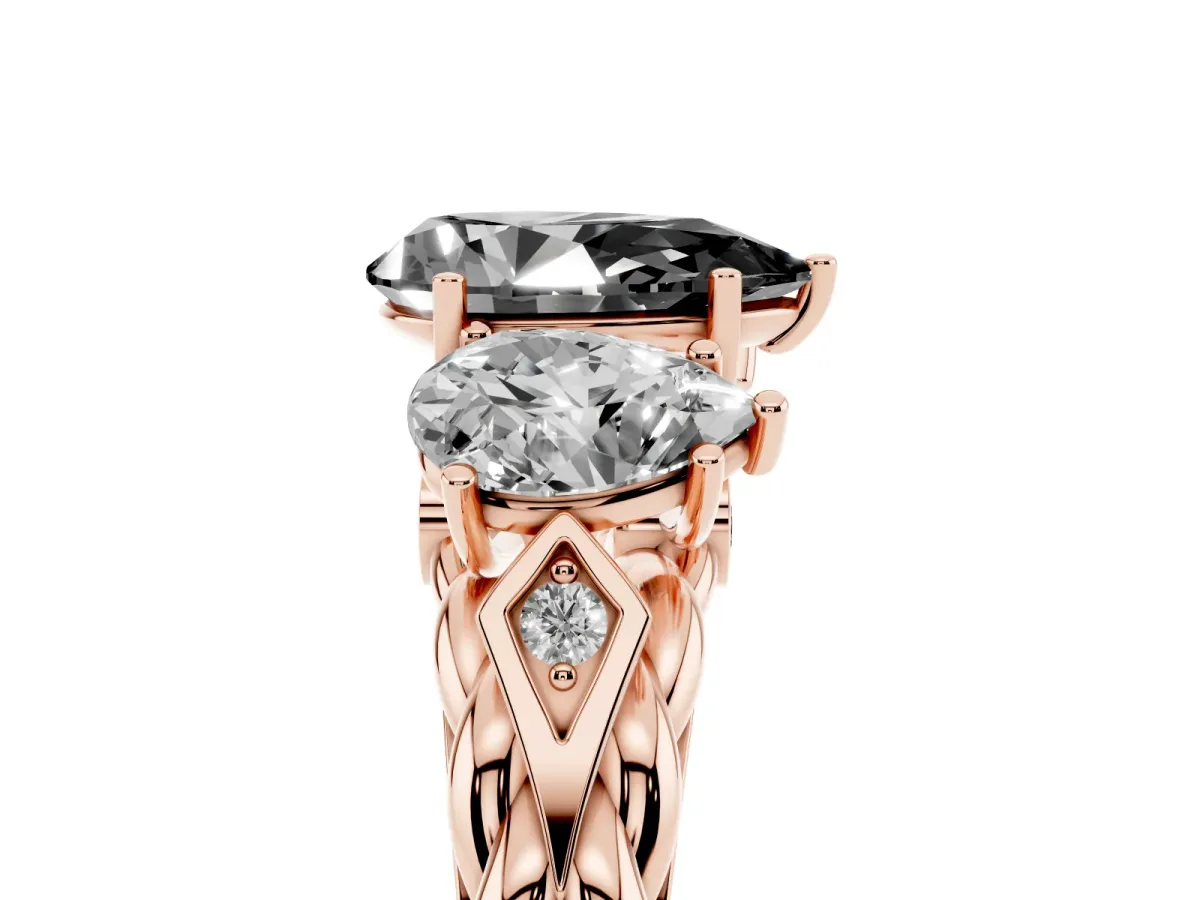 Fancy Black Three-Stone Pear Cut Diamond Braided Band Ring with Four-Prong Setting Rose gold