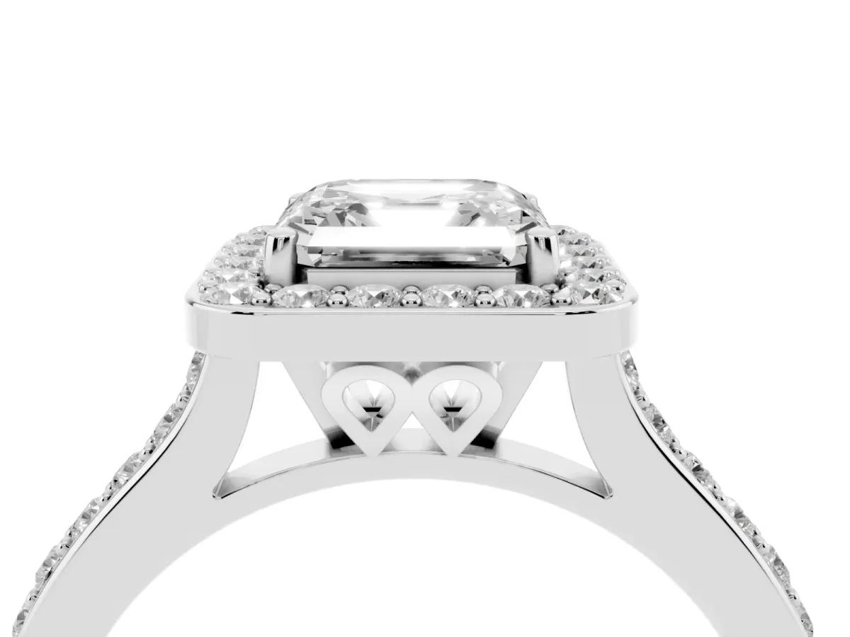 Asscher Cut Diamond Halo Engagement Ring with Round Pavé Shoulders and Prong Setting White gold