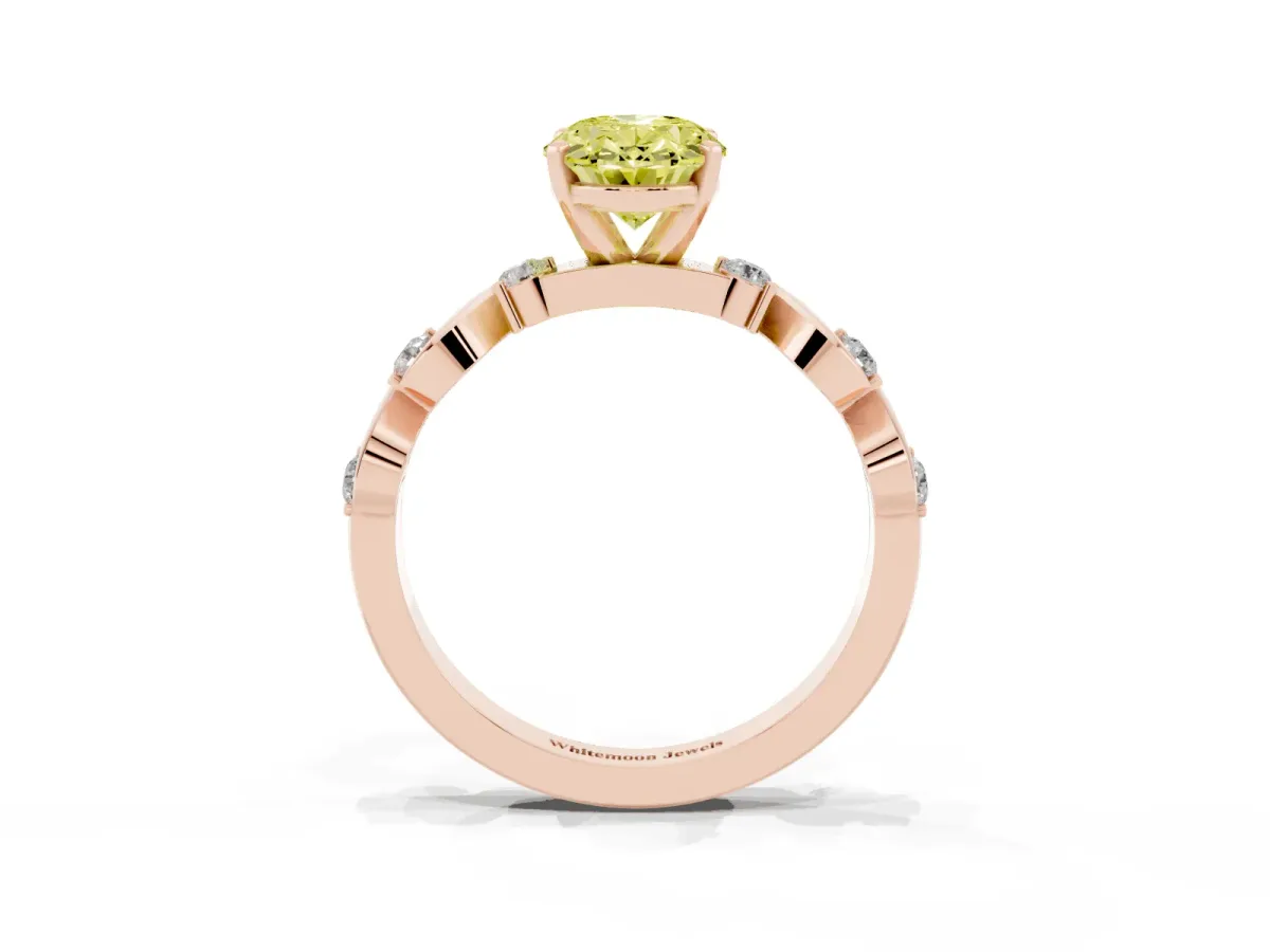 Fancy Yellow Oval Cut Diamond Solitaire Twisted Band with Round Accents and Prong Setting Rose gold