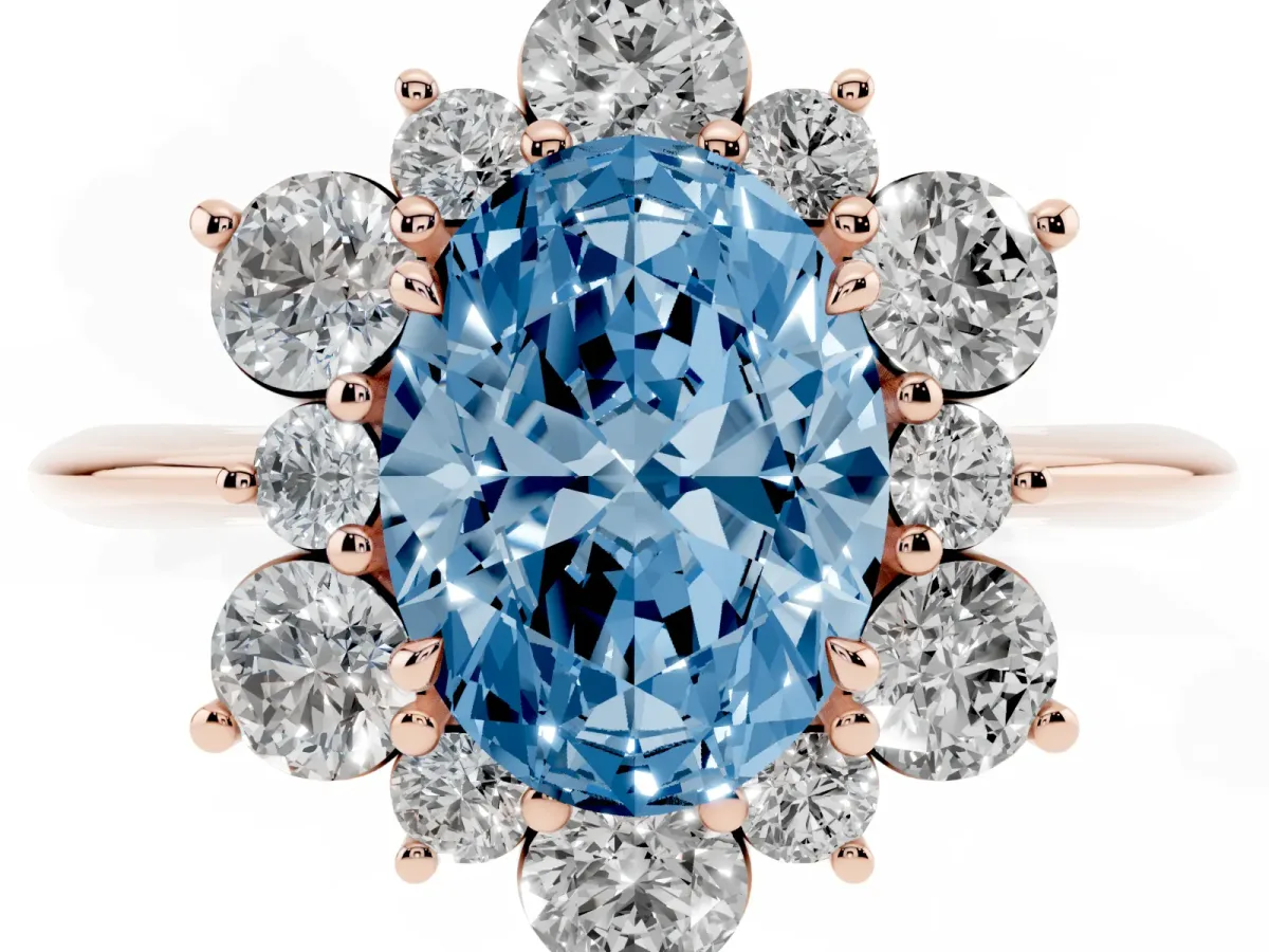 Fancy Blue Oval Cut Diamond Cluster Halo Ring with Solitaire Band and Four-Prong Setting Rose gold