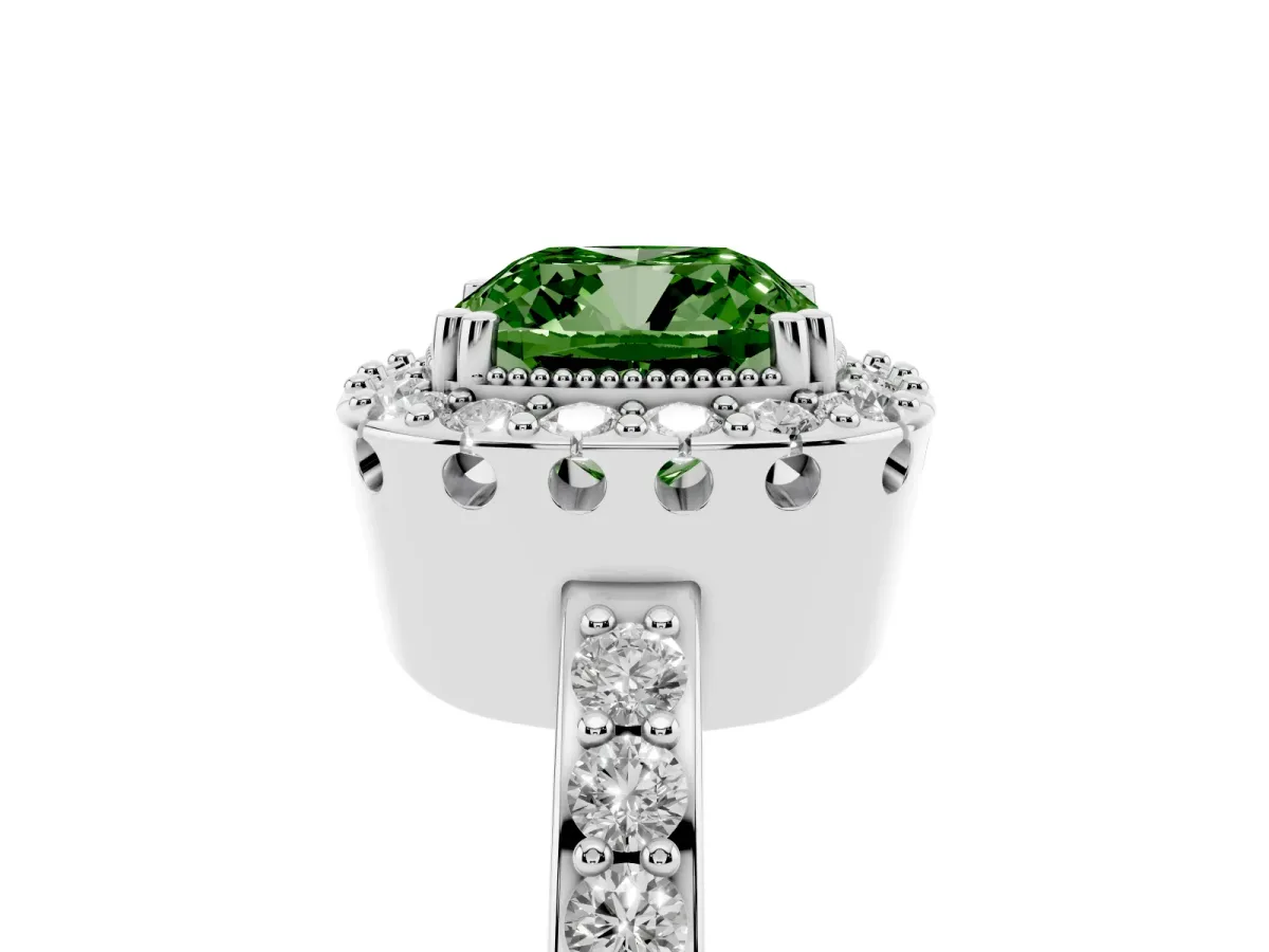 Fancy Green Cushion Cut Diamond Halo Ring with Pavé Band and Prong Setting Silver