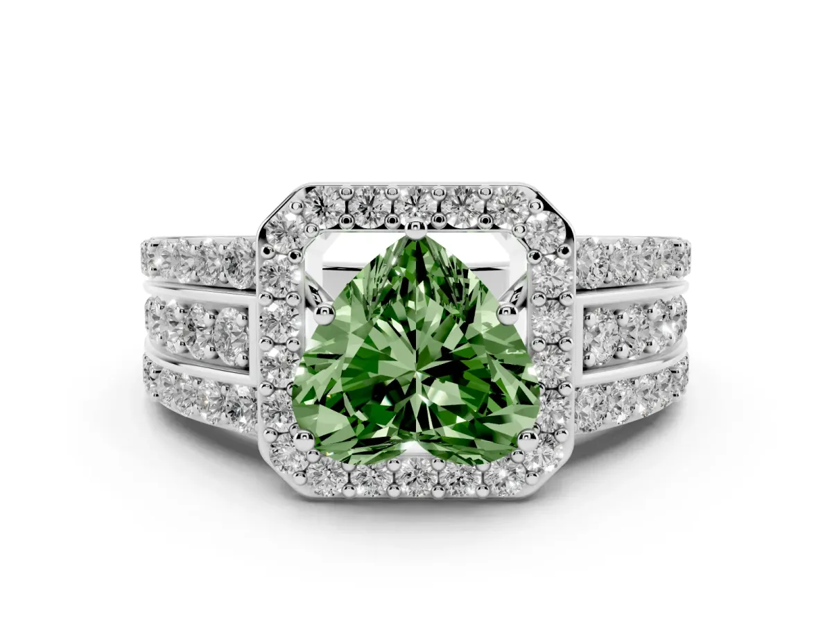 Fancy Green Heart Cut Halo Diamond Ring with Round Split Shank and Prong Setting Silver
