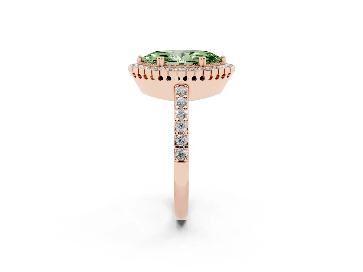 Fancy Green Marquise Cut Cut Diamond Halo Engagement Ring with Milgrain Detail and Pavé Band Rose gold
