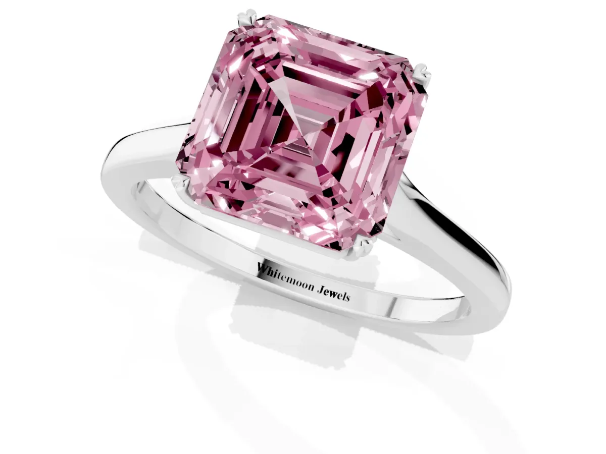 Fancy Pink Asscher Cut Solitaire Heart Prong Engagement Ring with Tapered Band Silver