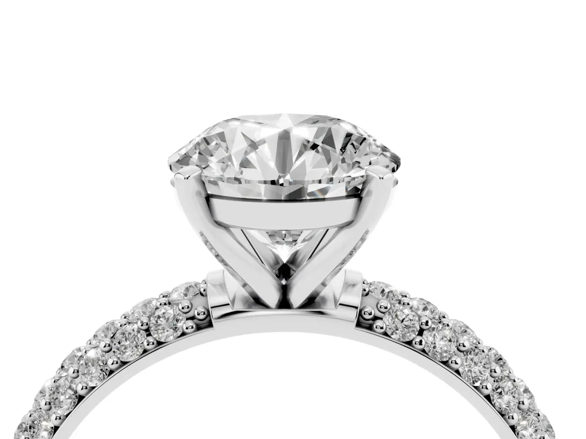 Round Cut Diamond Solitaire Ring with Prong Setting and Pavé Band Silver
