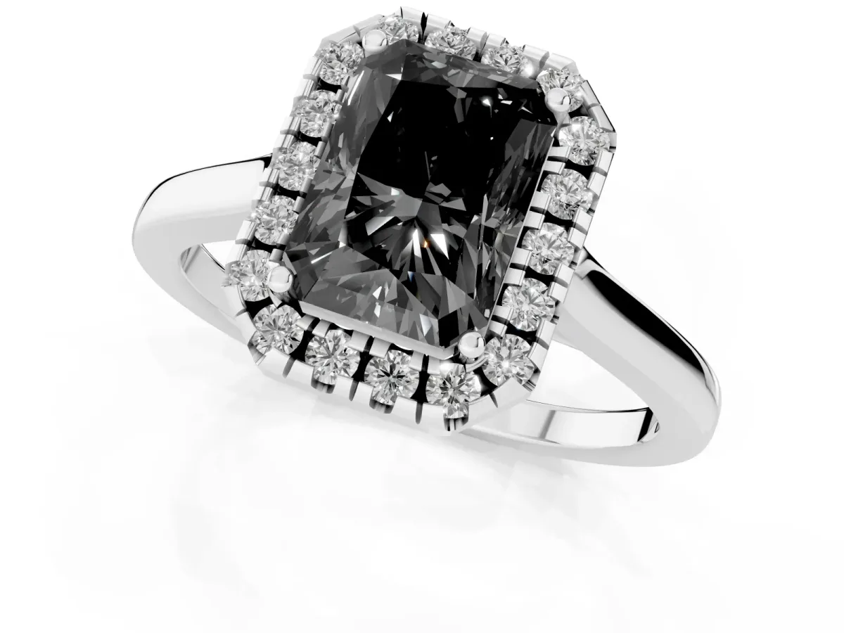 Fancy Black Radiant Cut Halo Round Diamond Solitaire Ring with Pavé Band and Four-Prong Setting Platinum