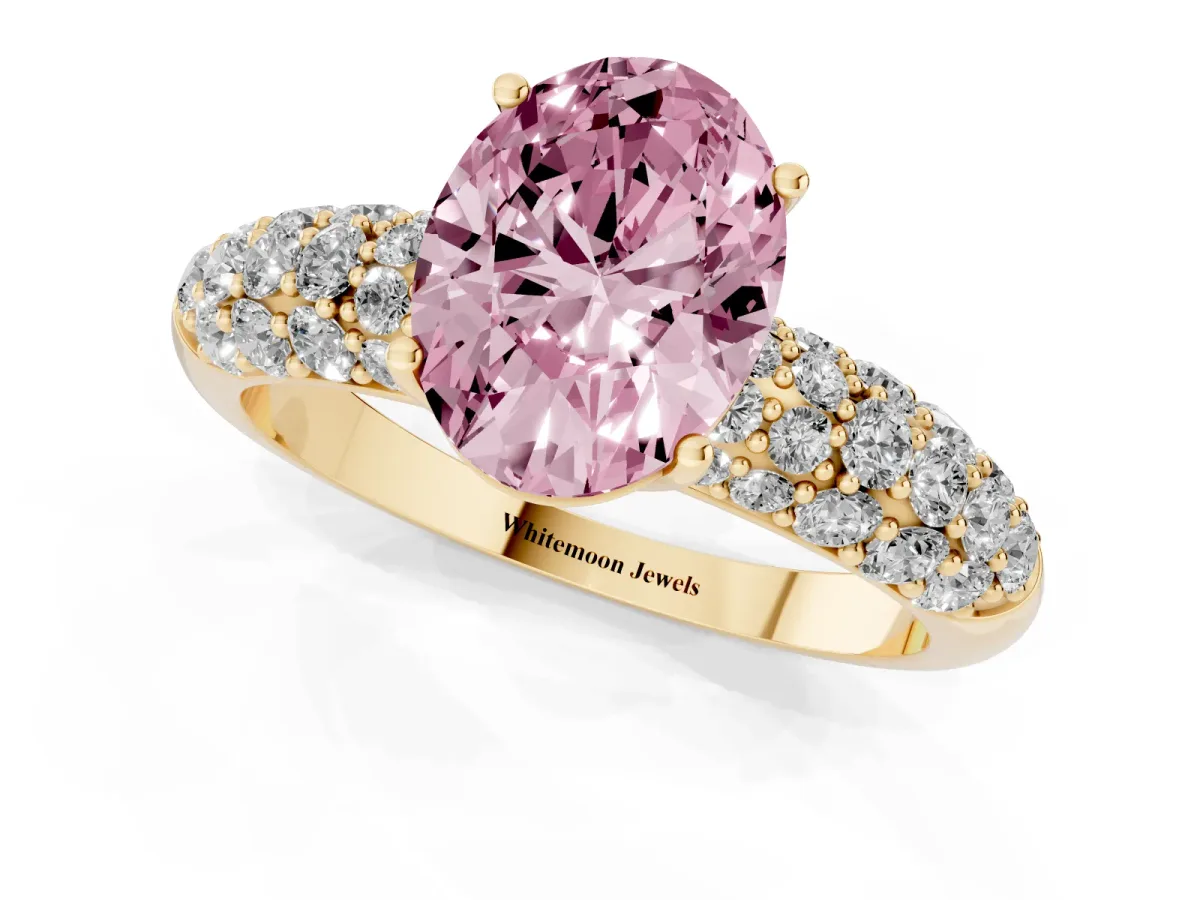 Fancy Pink Oval Cut Diamond Pavé Band Solitaire Ring with Four-Prong Setting Yellow gold