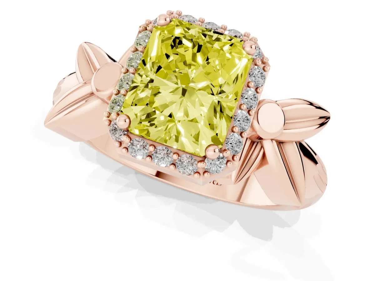 Fancy Yellow Radiant Cut Halo Diamond Floral Band with Four-Prong Setting Rose gold