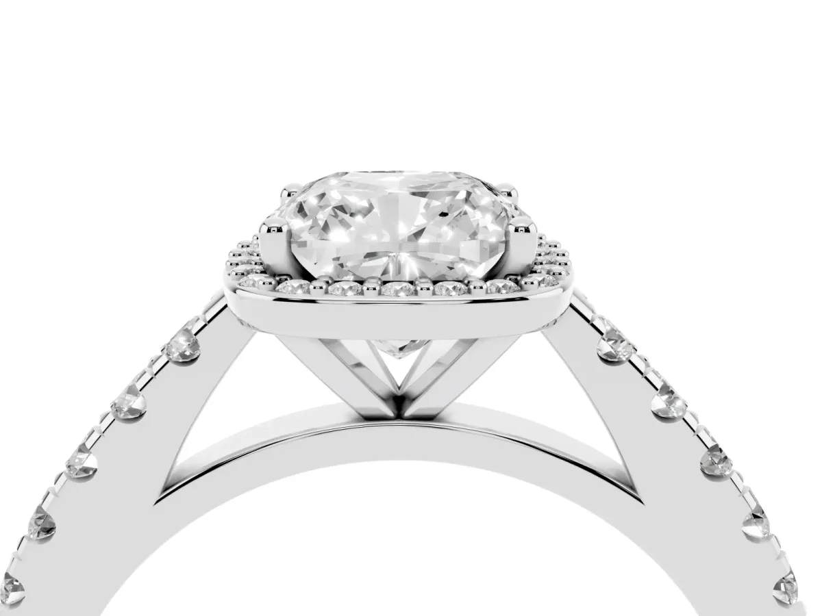 Cushion Cut Cut Halo Diamond Engagement Ring with Pave Band and Four-Prong Setting Platinum