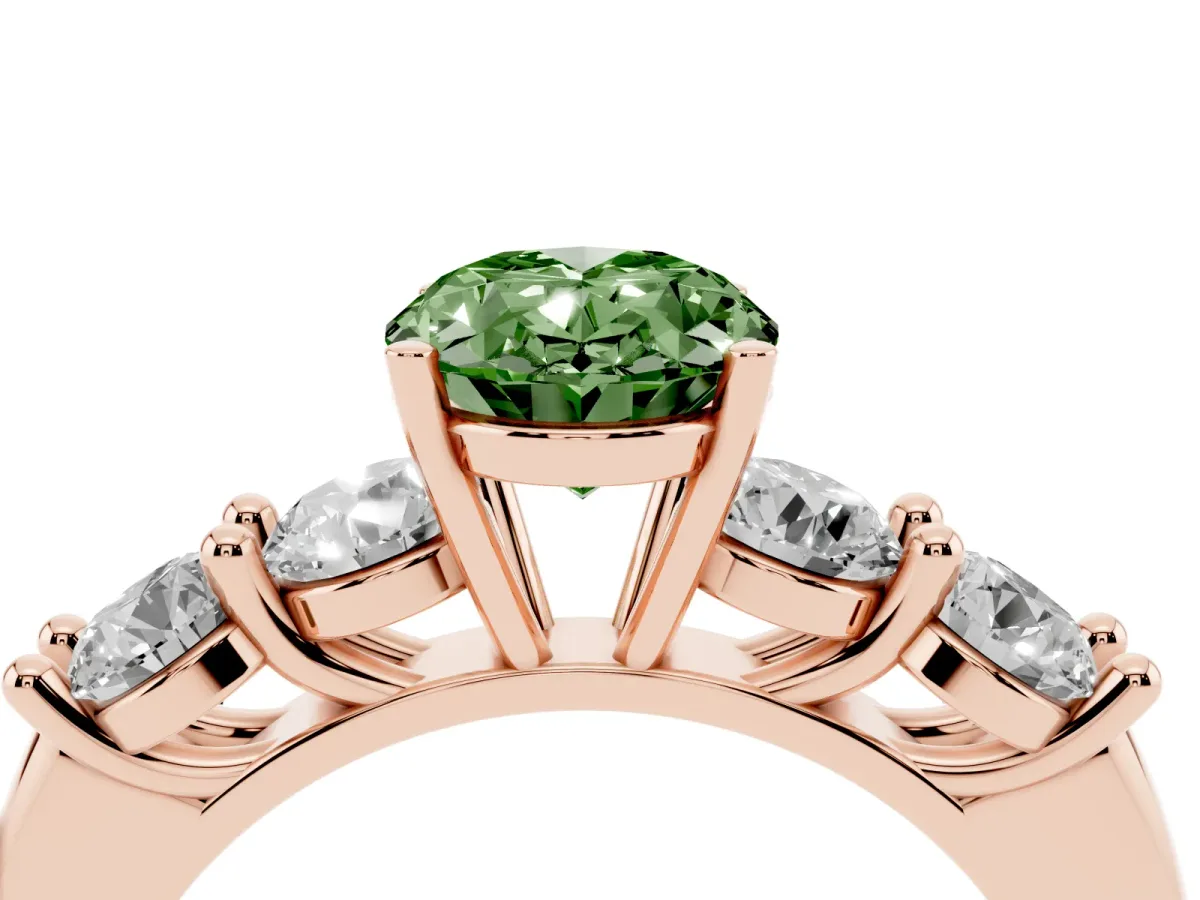 Fancy Green Oval Cut Cut Five-Stone Prong Set Diamond Ring with Classic Band Rose gold